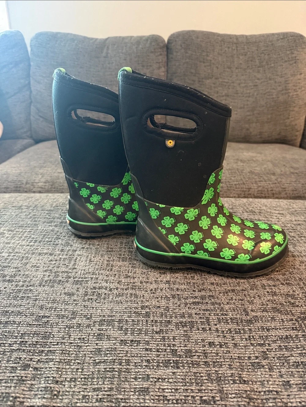 Bogs Kids Black Rain Boots with Neon Green Clover Print